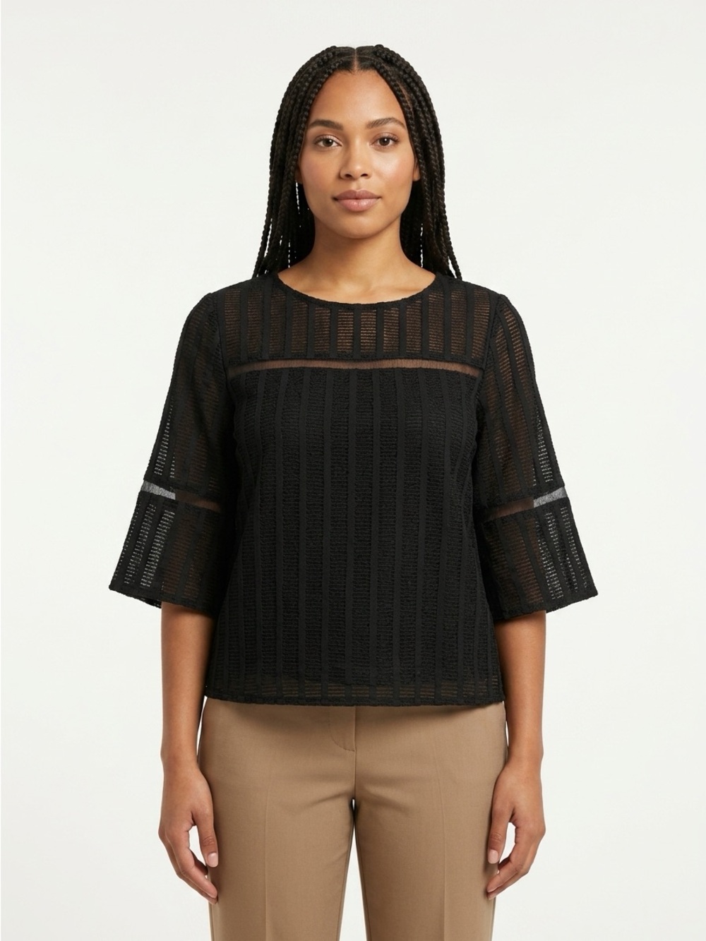 Anthropologie HD In Paris Top Mesh Panel Flared Sleeve Ribbed Black 10